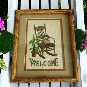 Cross Stitch Doll Rocking Chair Plant Framed with Matte 8.5"x10.5" Completed